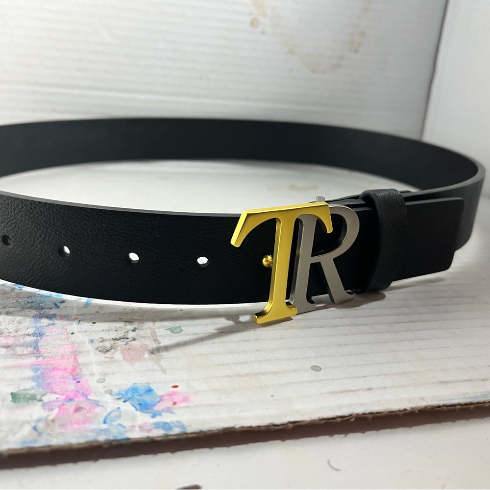 Black Leather Belt with Gold and Silver Buckle